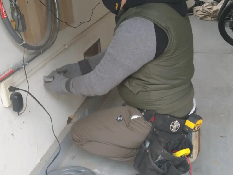 Electrician performing outlet wiring in a Chevy Chase garage